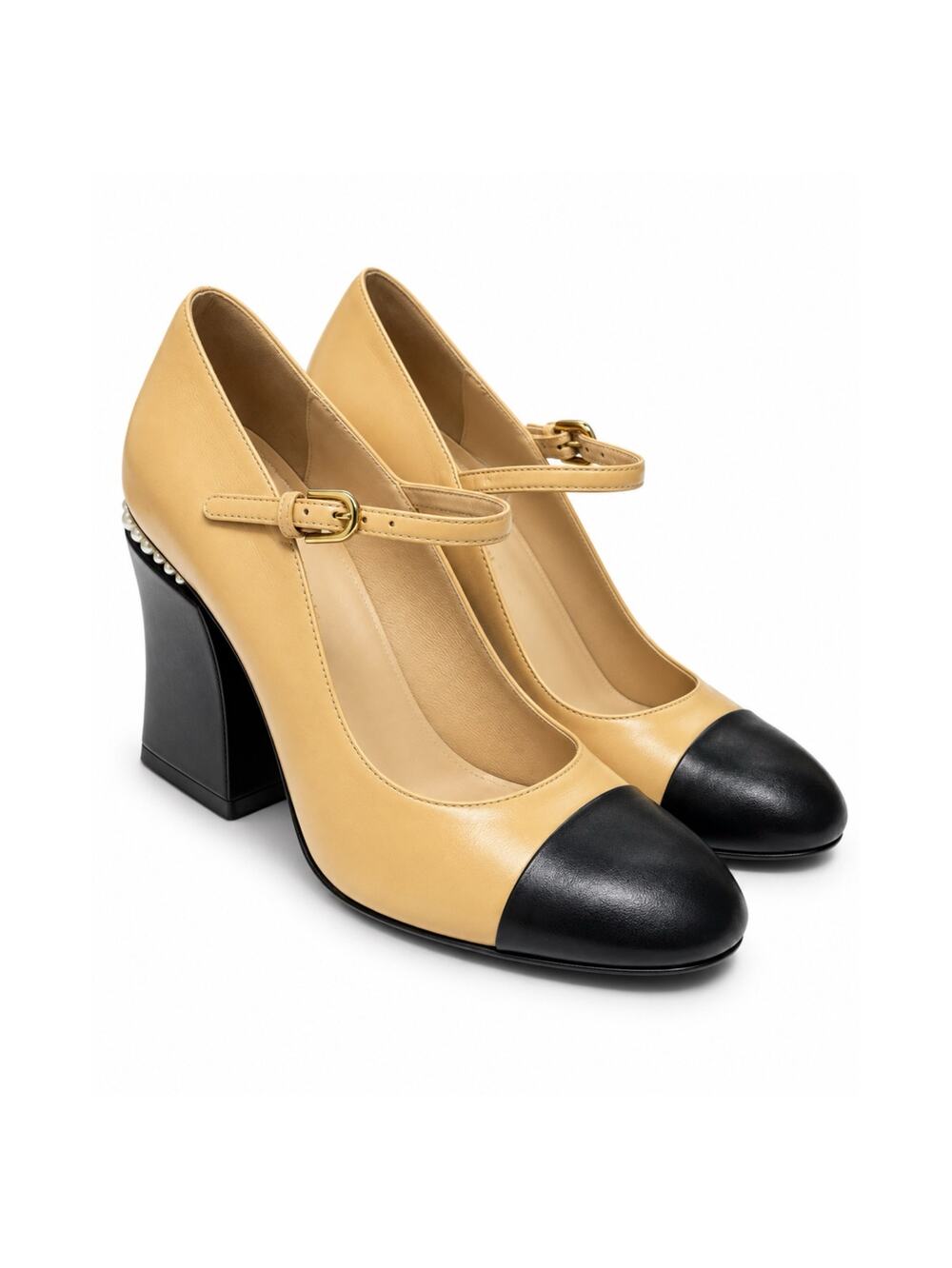 Chanel 2022 Metiers d'Art Pearl CC Cap Toe Mary Jane Pumps Beige Black 38 8